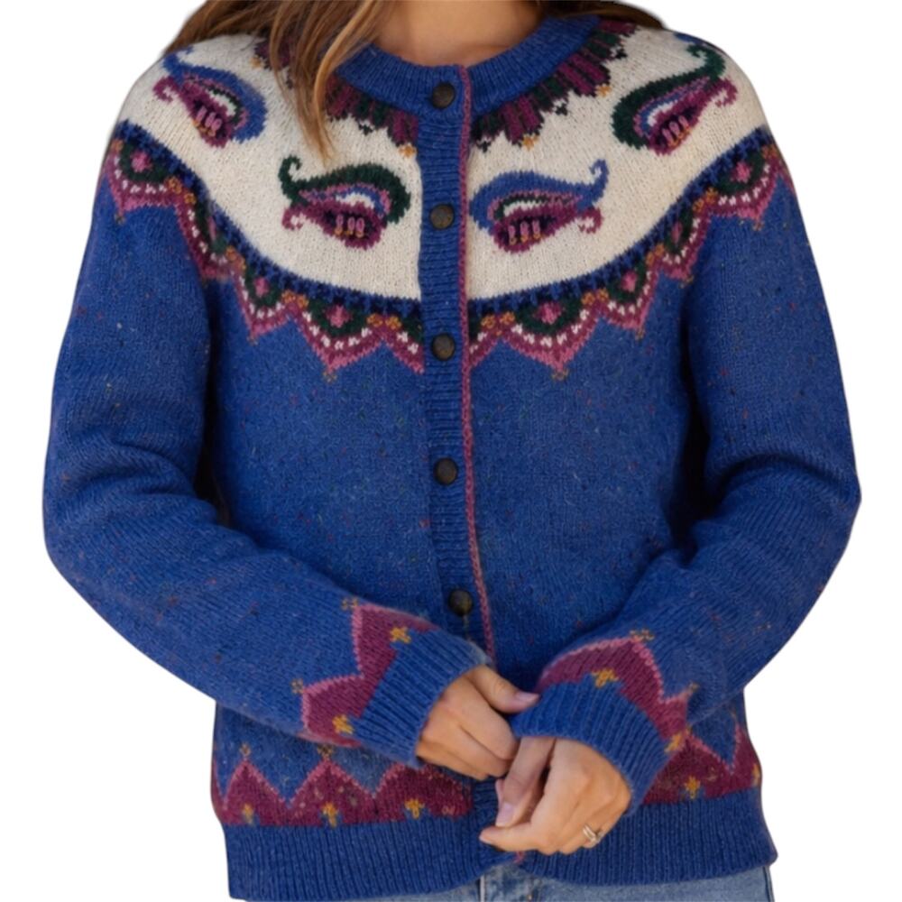 Woolrich Mohair Wool Cardigan Paisley Button Handframed Artic Blue Heather M